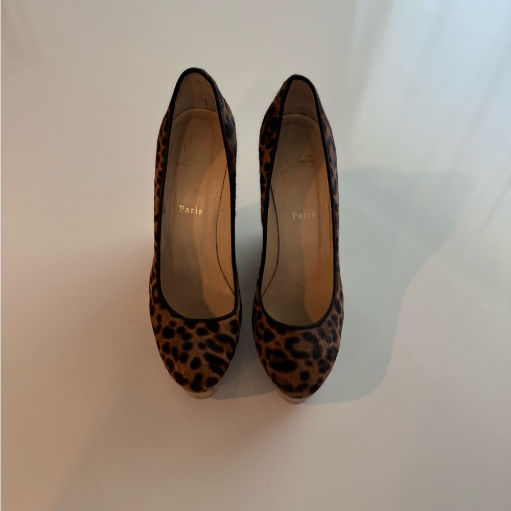 Christian Louboutin Coroclic Leopard Pony Hair Cork Wedge Pumps – Size 40